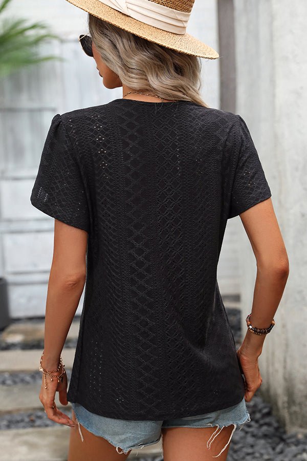 Solid V Neck Patchwork Short Sleeve Tops - Image 5