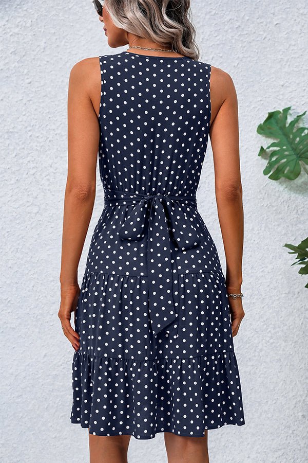 Dots Print V Neck Sleeveless Tie Waist Dress - Image 5