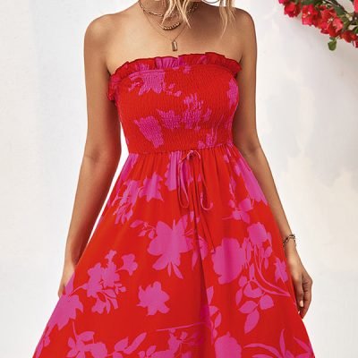 Smocked Frill Bandeau Floral Print Mini Dress