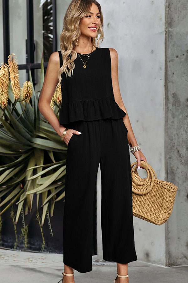 Fashion Solid Ruffle Hem Two Pieces Set - Image 5