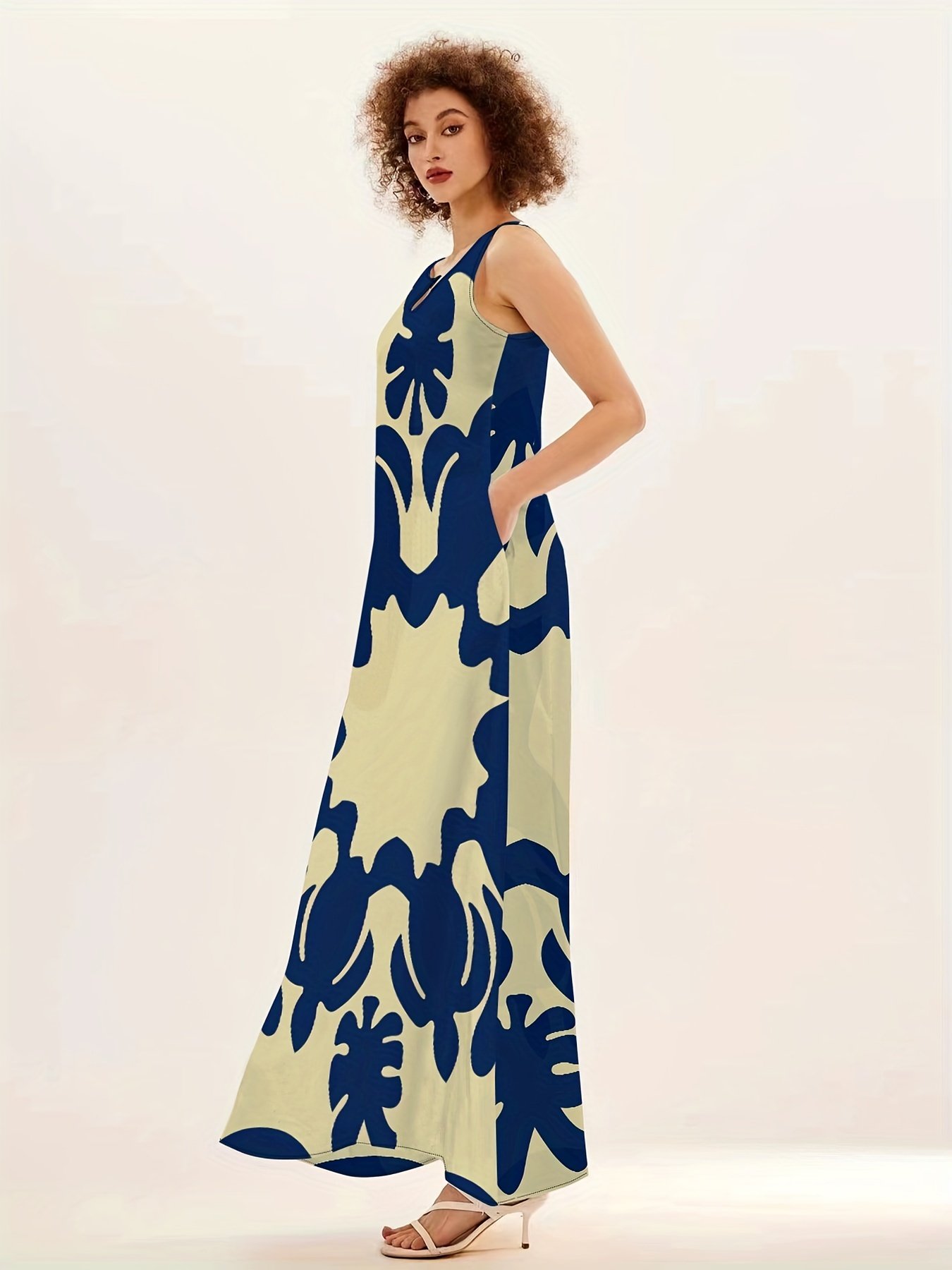 Graphic Print V Neck Maxi Dress, Boho Sleeveless Tank Dress For Spring & Summer, Women??s Clothing - Image 4