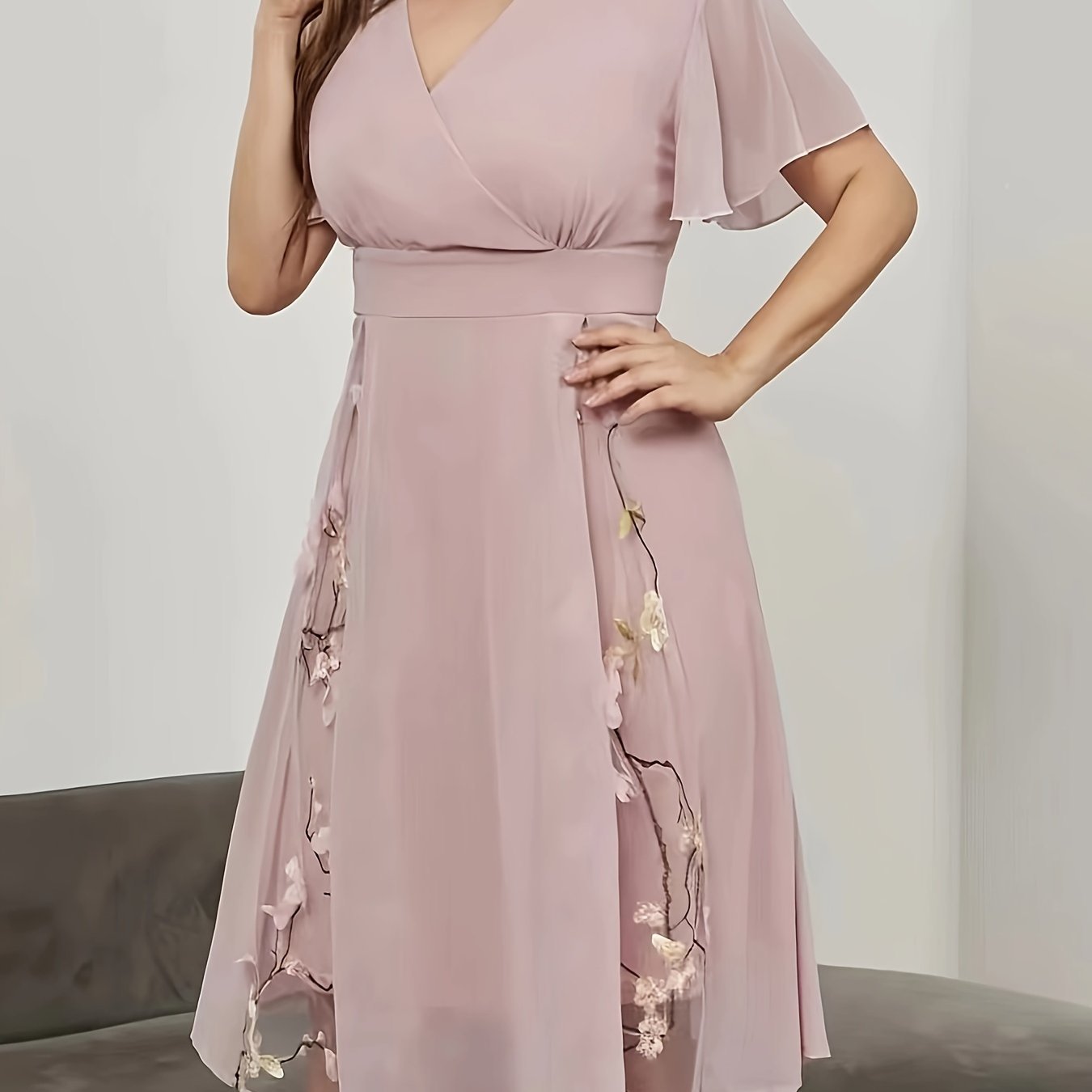Floral Pattern High Waist Dress, Elegant Surplice Neck Flutter Sleeve Dress, Women??s Clothing For Elegant Dressing - Image 3