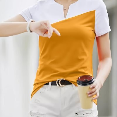 Color Block Notched Neck T-Shirt, Chic Short Sleeve T-Shirt For Spring & Summer, Women??s Clothing