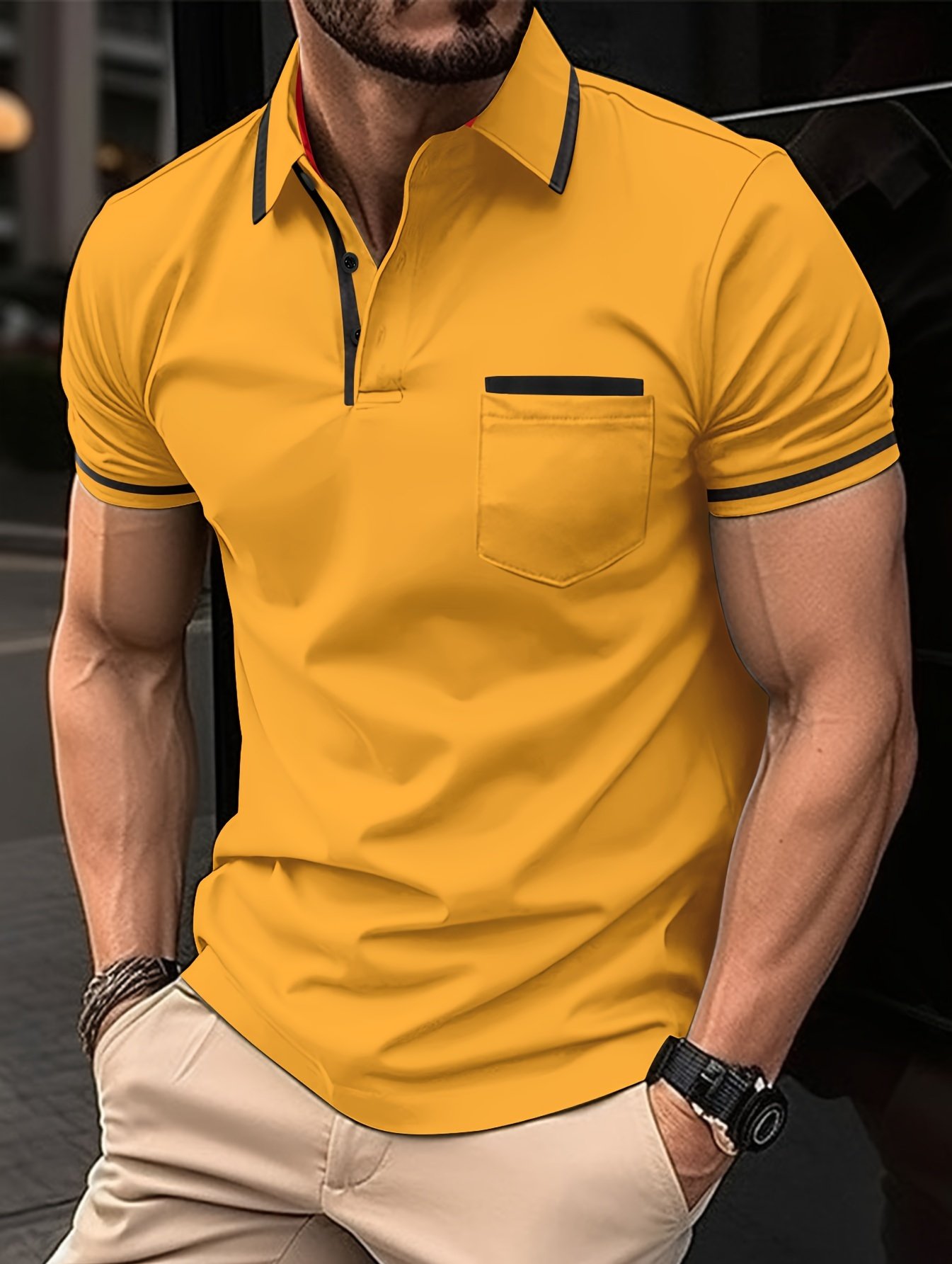 Breathable Regular Fit Men??s Chic Contrast Binding Short Sleeve Golf Shirt With Chest Pocket For Summer, Men??s Clothing