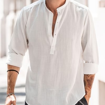 Classic Design Cotton Boat Neck Henley Shirt, Men??s Casual Fit Vintage Style Long Sleeve Top For Spring Fall