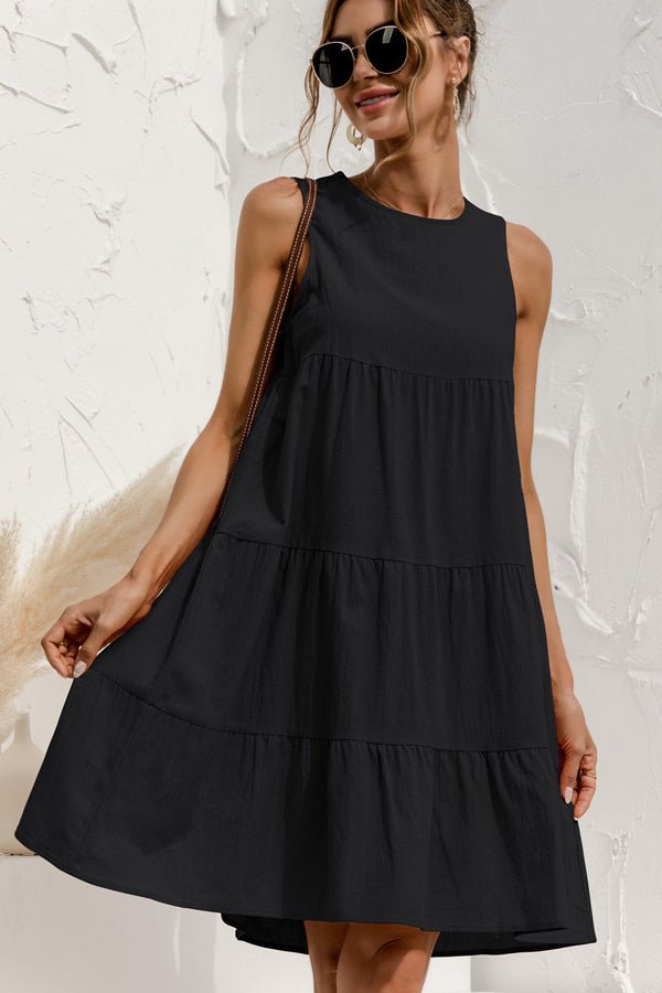 Round Neck Solid Ruched Sleeveless Mini Dress - Image 3