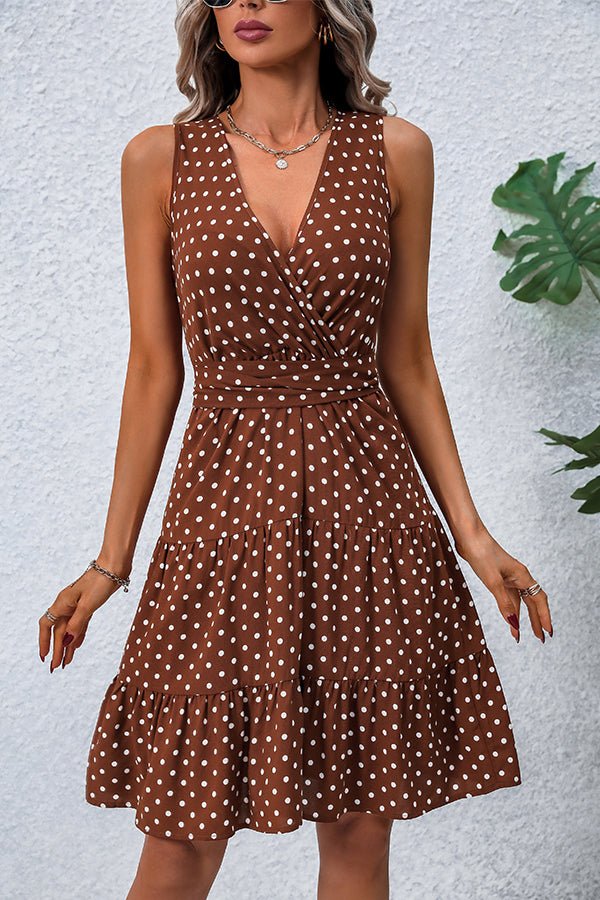 Fashion Dots Print V Neck Tie Waist Dress - Image 4