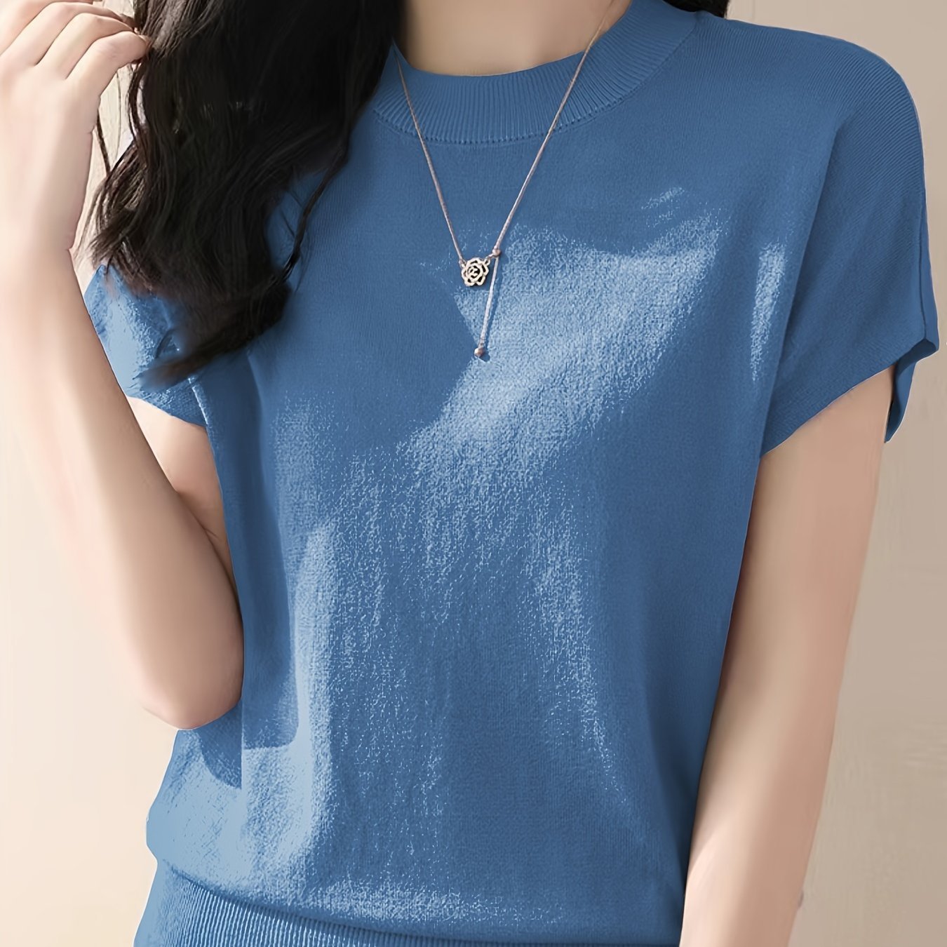 Solid Color Crew Neck Pullover Sweater, Casual Short Sleeve Ribbed Knitted Sweater For Every Day, Women??s Clothing - Image 8