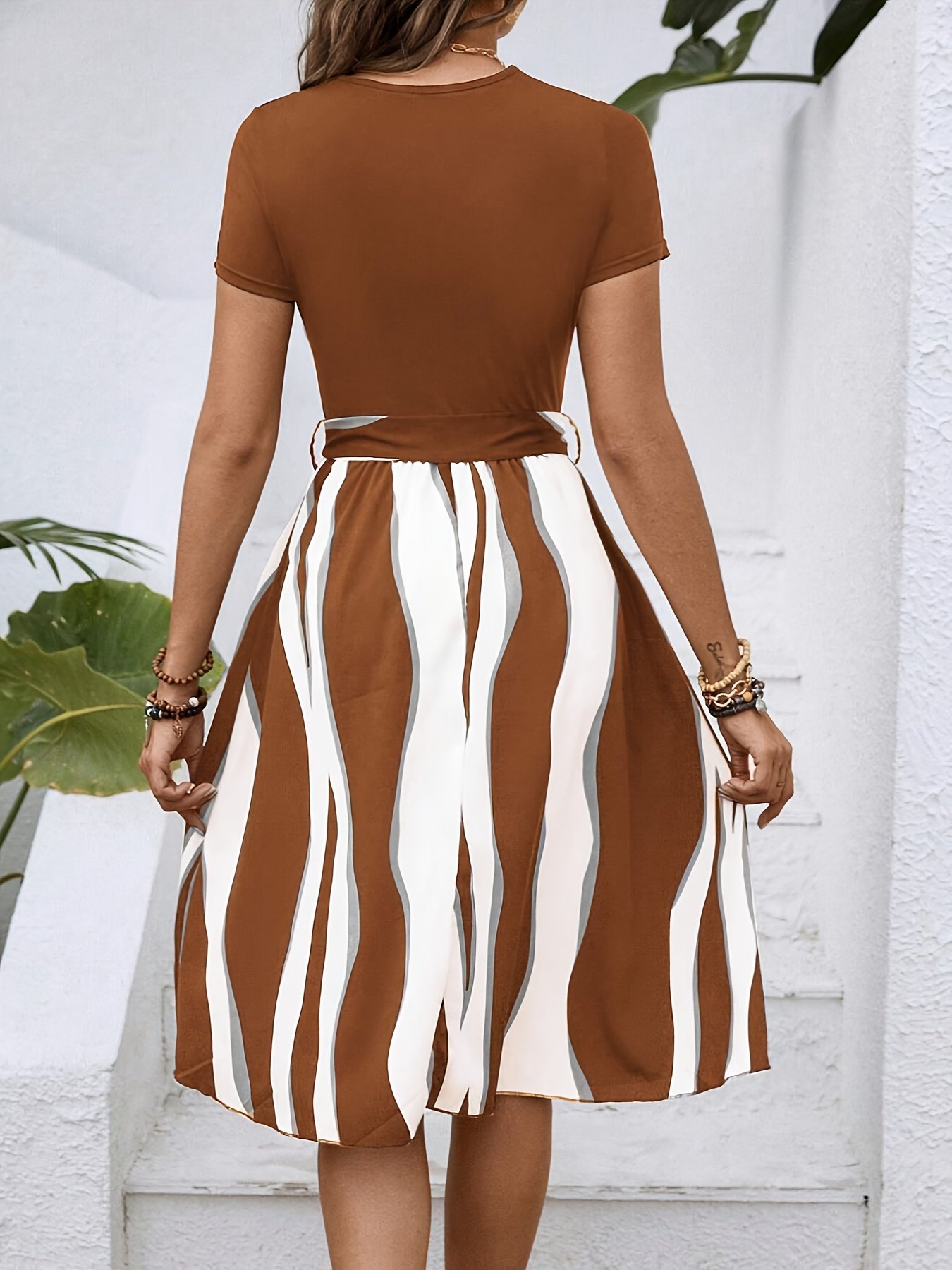 Striped Print Tie Waist Splicing Dress, Versatile Short Sleeve Dress For Spring & Summer, Women??s Clothing For Elegant Dressing - Image 8