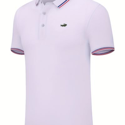Breathable Embroidered Shirt, Men??s Casual Crocodile Pattern Stripe Lapel Button Up Golf Shirt For Summer
