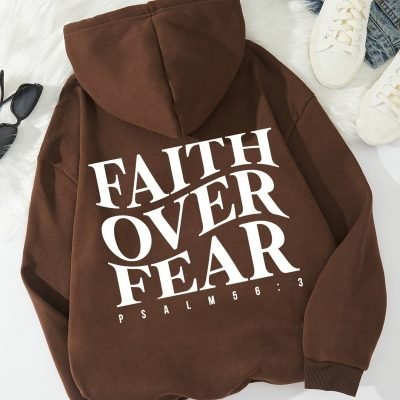 Inspirational Quote Hoodie, ??Faith Over Fear?? Letter Print Hooded Sweatshirt, Casual Pullover, Long Sleeve, Kangaroo Pocket, Adjustable Drawstring, Fashion