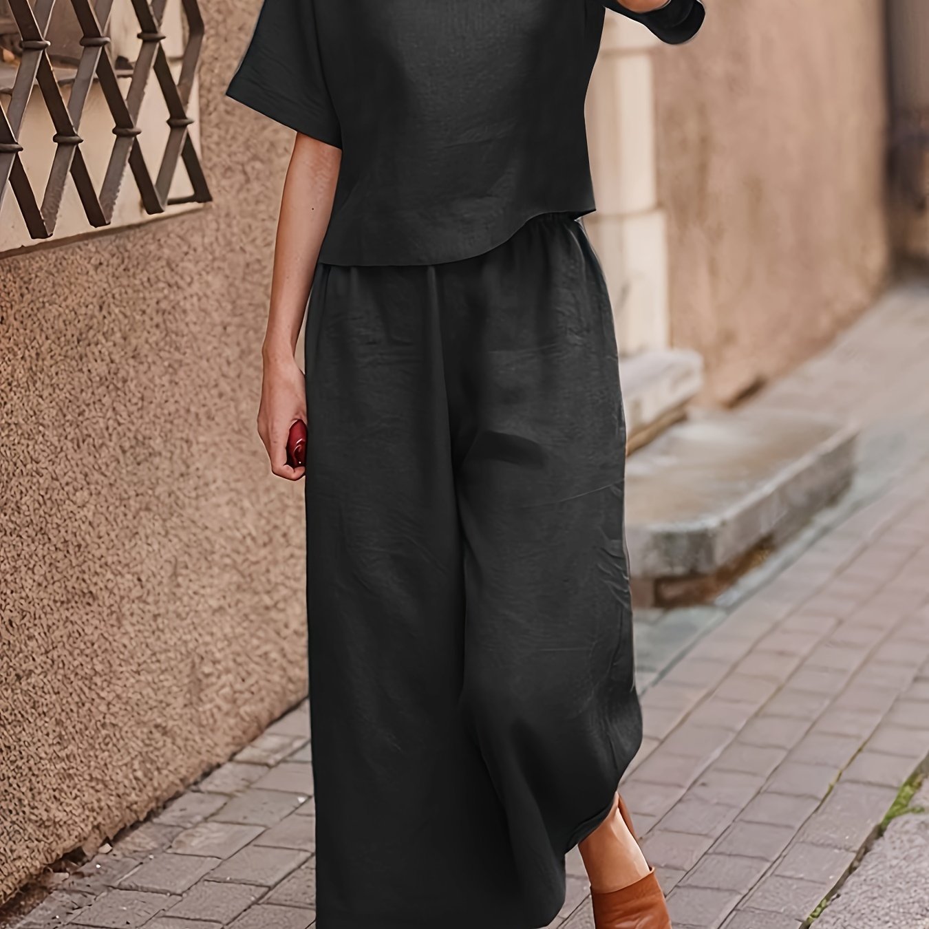 Solid Two-piece Set, Crew Neck Casual T-Shirt & Wide Leg Pants, Women??s Clothing - Image 4
