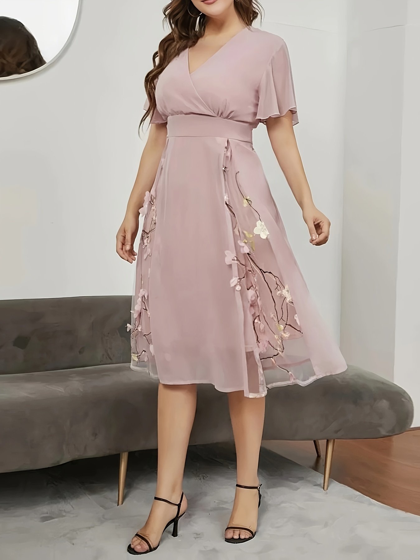 Floral Pattern High Waist Dress, Elegant Surplice Neck Flutter Sleeve Dress, Women??s Clothing For Elegant Dressing - Image 6