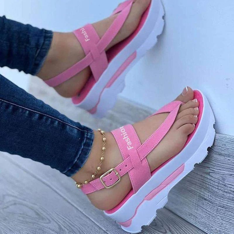 Women??s Platform Thong Sandals, Solid Color Letter Buckle Strap Slingback Shoes, Outdoor Summer Sandals - Image 7