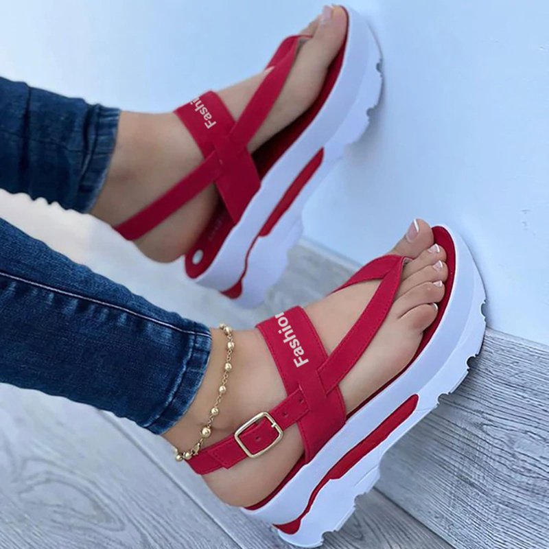 Women??s Platform Thong Sandals, Solid Color Letter Buckle Strap Slingback Shoes, Outdoor Summer Sandals