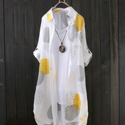 Allover Print Button Front Blouse, Casual Long Sleeve Thigh Length Blouse For Spring & Fall, Women??s Clothing