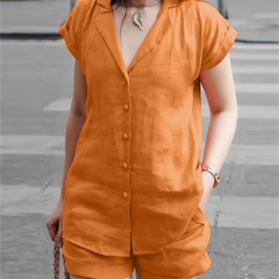 Casual Solid Two-piece Set, Open Front Lapel Neck Top & Skinny High Waist Shorts Outfits, Women??s Clothing
