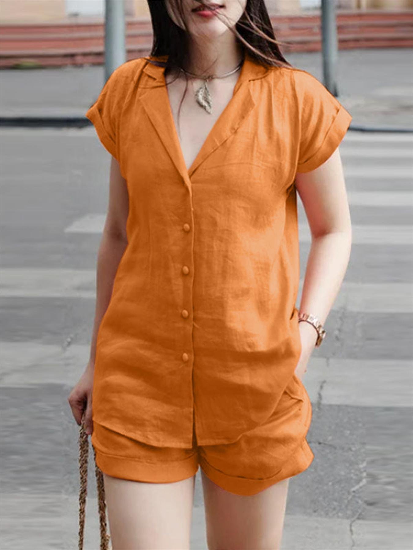 Casual Solid Two-piece Set, Open Front Lapel Neck Top & Skinny High Waist Shorts Outfits, Women??s Clothing