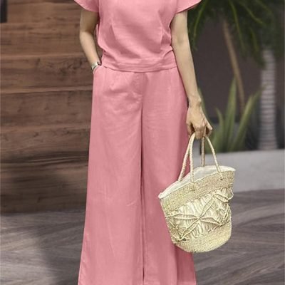Loose Solid Color Two-piece, Crew Neck Short Sleeve T-shirt & Dual Pocket Pants Outfits, Women??s Clothing