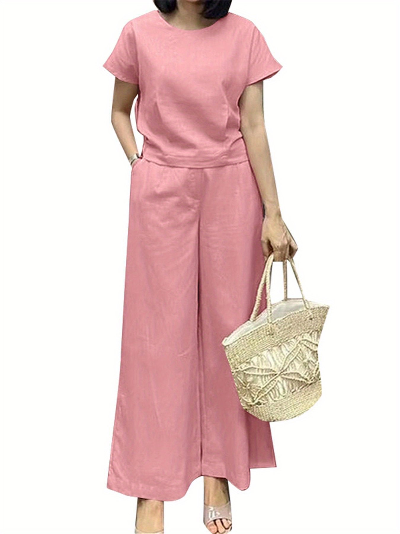 Loose Solid Color Two-piece, Crew Neck Short Sleeve T-shirt & Dual Pocket Pants Outfits, Women??s Clothing - Image 7