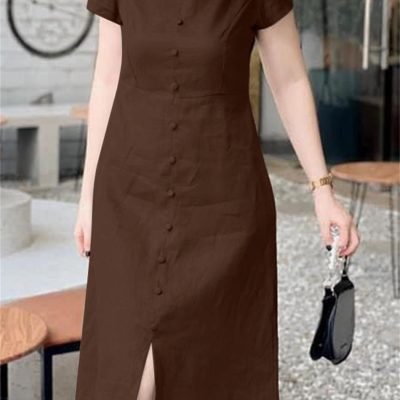 Solid Color Notched Neck Dress, Casual Short Sleeve Button Front Split Dress For Spring & Summer, Women??s Clothing