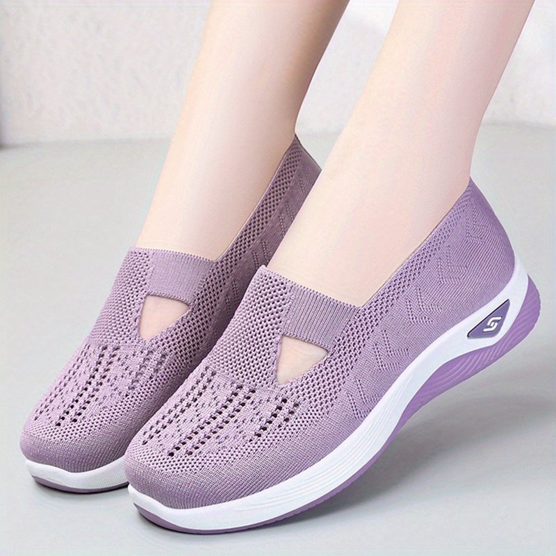 Women??s Solid Color Knitted Sneakers, Soft Sole Platform Slip On Walking Comfort Shoes, Low-top Breathable Shoes - Image 9
