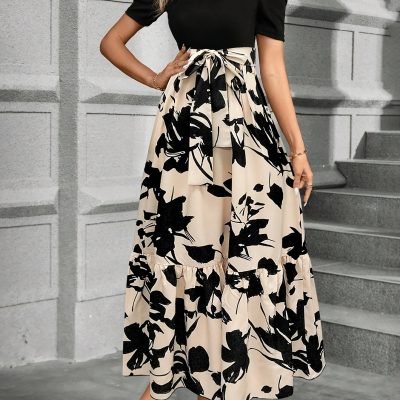 Lace Up Floral Print Splicing Dress, Elegant Crew Neck Short Sleeve Dress For Spring & Summer, Women??s Clothing