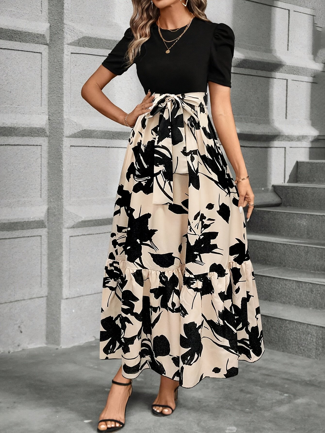 Lace Up Floral Print Splicing Dress, Elegant Crew Neck Short Sleeve Dress For Spring & Summer, Women??s Clothing