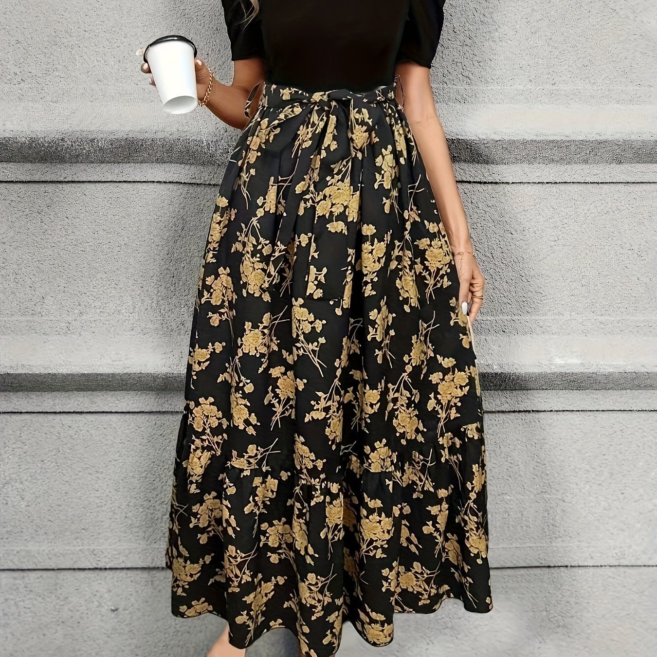Lace Up Floral Print Splicing Dress, Elegant Crew Neck Short Sleeve Dress For Spring & Summer, Women??s Clothing - Image 3