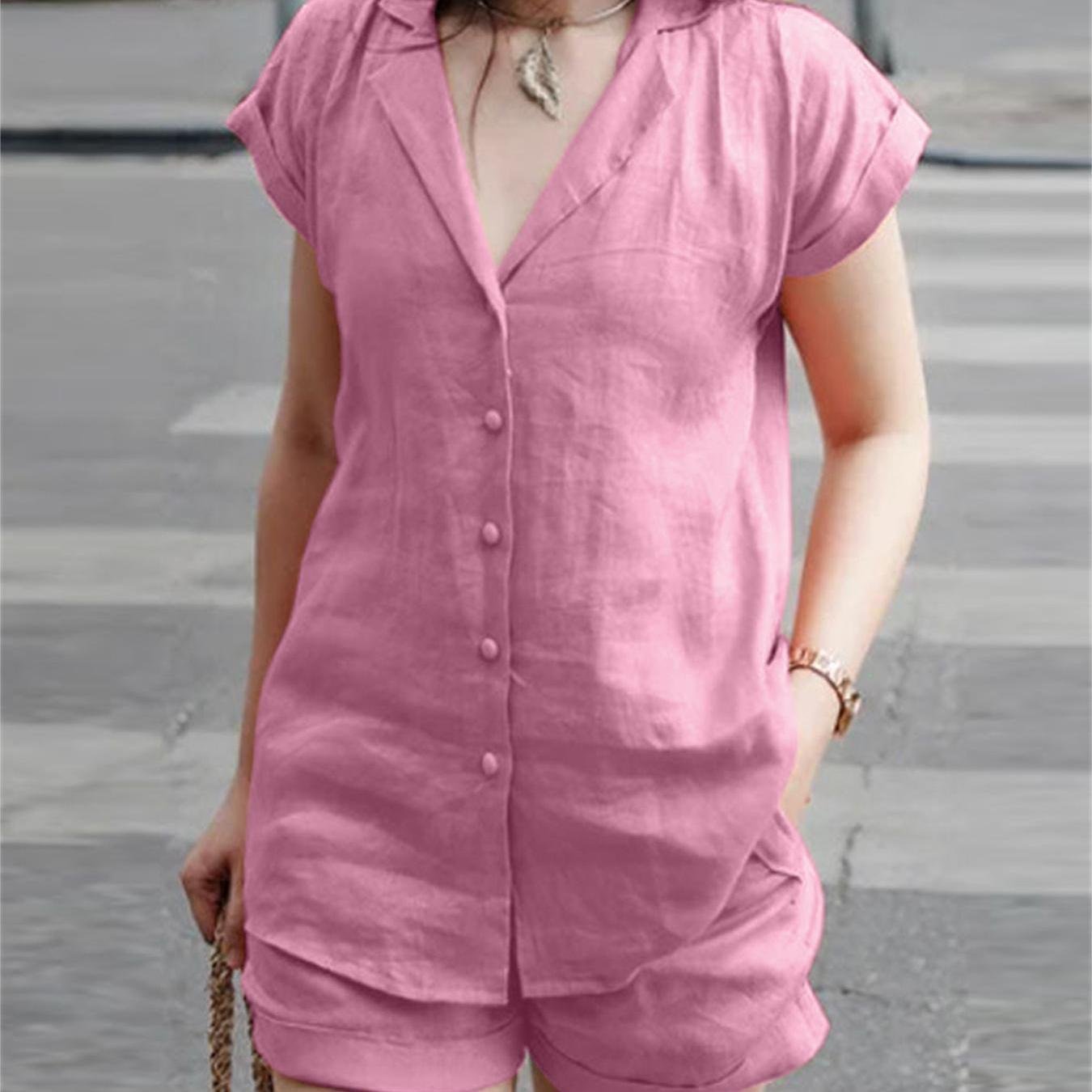 Casual Solid Two-piece Set, Open Front Lapel Neck Top & Skinny High Waist Shorts Outfits, Women??s Clothing - Image 5