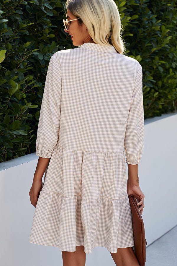 Split Neck Plaid Print Button Up Tunic Dress - Image 3