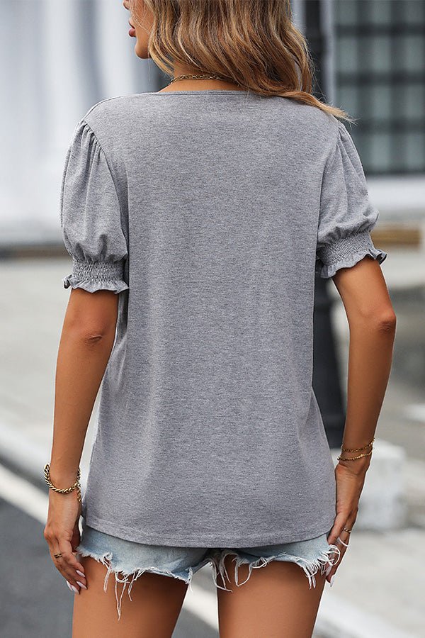V Neck Puff Sleeve Solid Casual Tops - Image 4