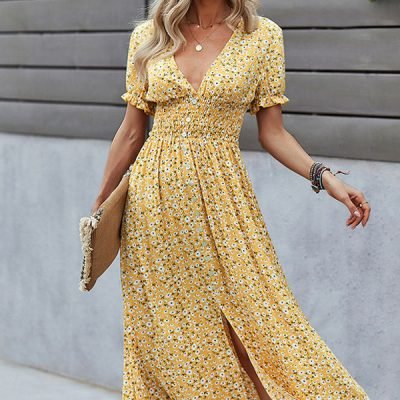 V Neck Smocked Chest Floral Print Maxi Dress