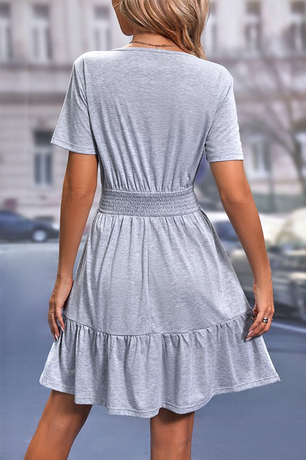 Solid Smocked V Neck Casual Mini Dress - Image 5