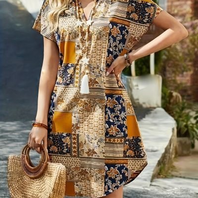 Patchwork Print Curvy Hem Dress, Vacation Short Sleeve Notched Neck Dress, Women??s Clothing
