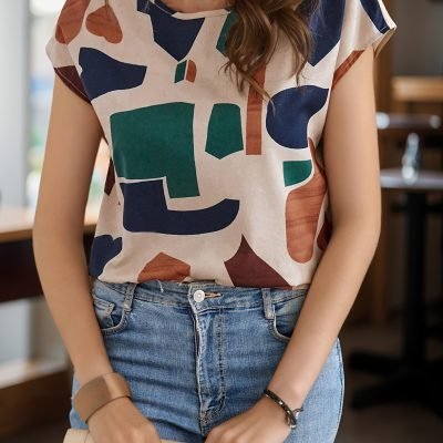 Graphic Print Crew Neck Blouse, Casual Short Sleeve Blouse For Spring & Summer, Women??s Clothing