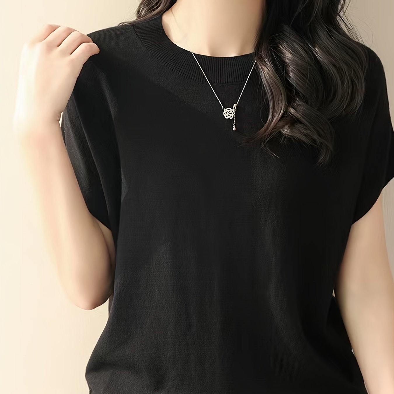 Solid Color Crew Neck Pullover Sweater, Casual Short Sleeve Ribbed Knitted Sweater For Every Day, Women??s Clothing - Image 3