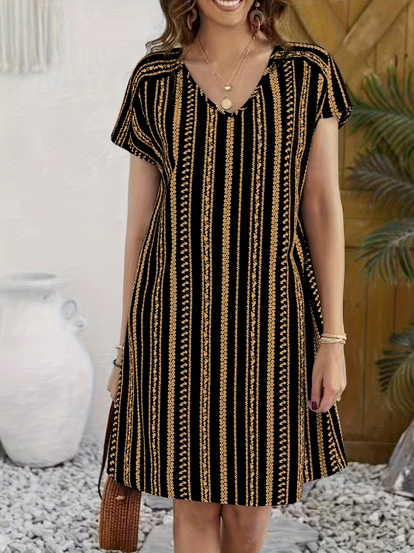 Striped V-neck Dress, Vacation Style Short Sleeve Shift Dress For Spring & Summer, Women??s Clothing - Image 7