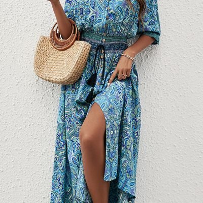 Bohemia Print Long Sleeve Tie Waist Maxi Dress