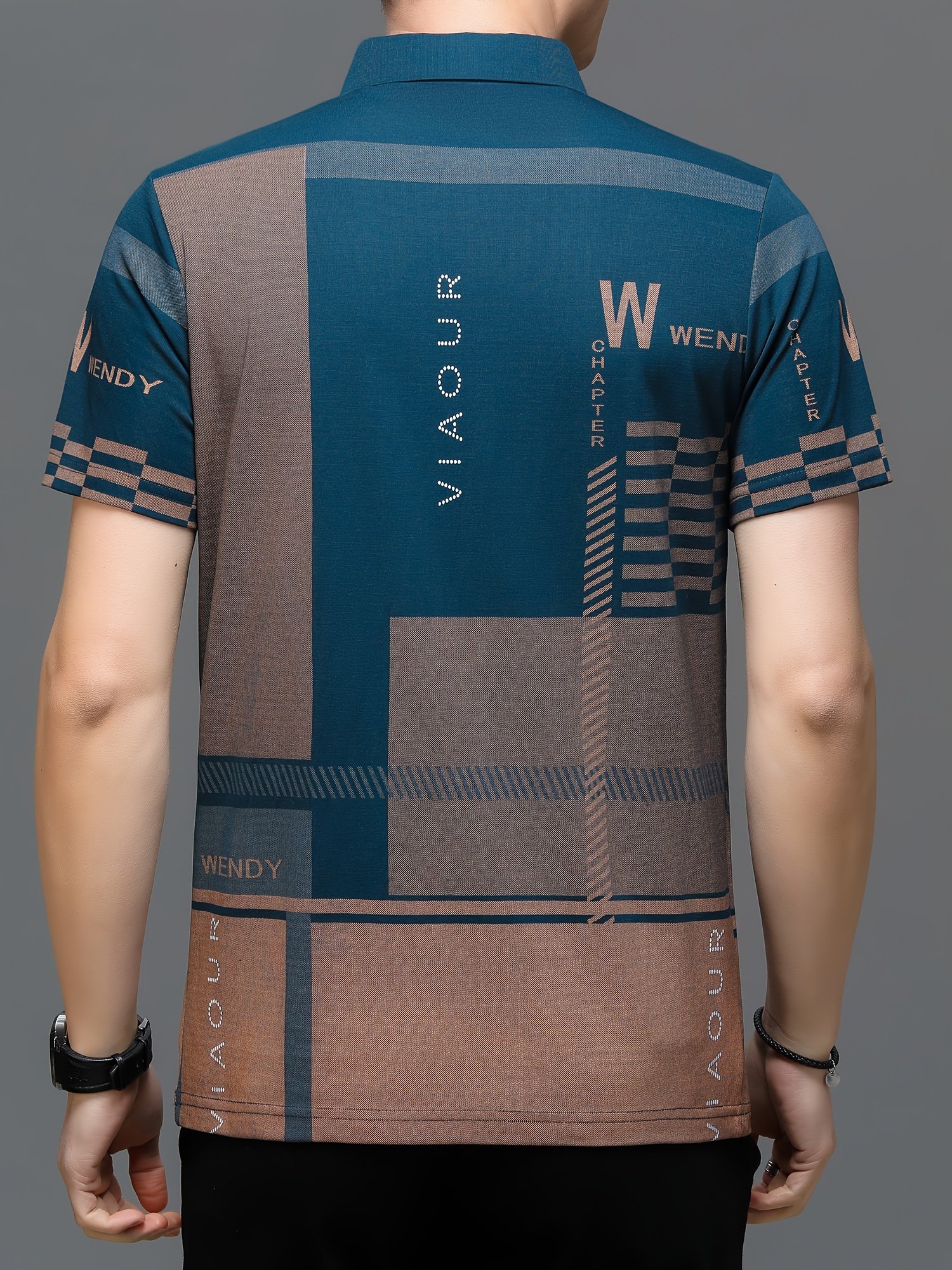 Men??s Irregular Geometric Pattern And Alphabet Print Sports Shirt With Henley Neck, Lapel Collar And Short Sleeve, Casual And Chic Tee For Men, Tops Suitable For Summer Outdoors Activities - Image 5