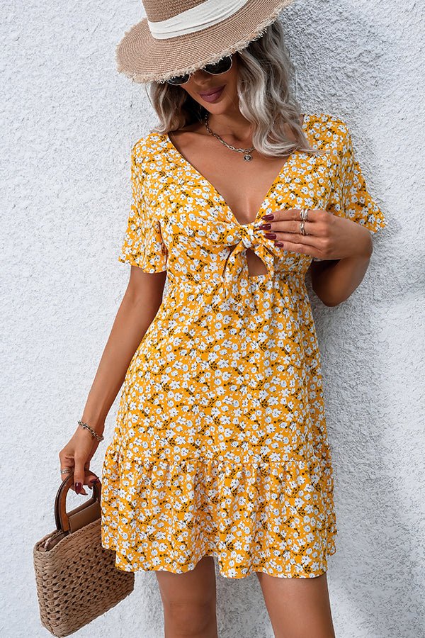 V Neck Floral Print Ruffle Hem Dress - Image 6
