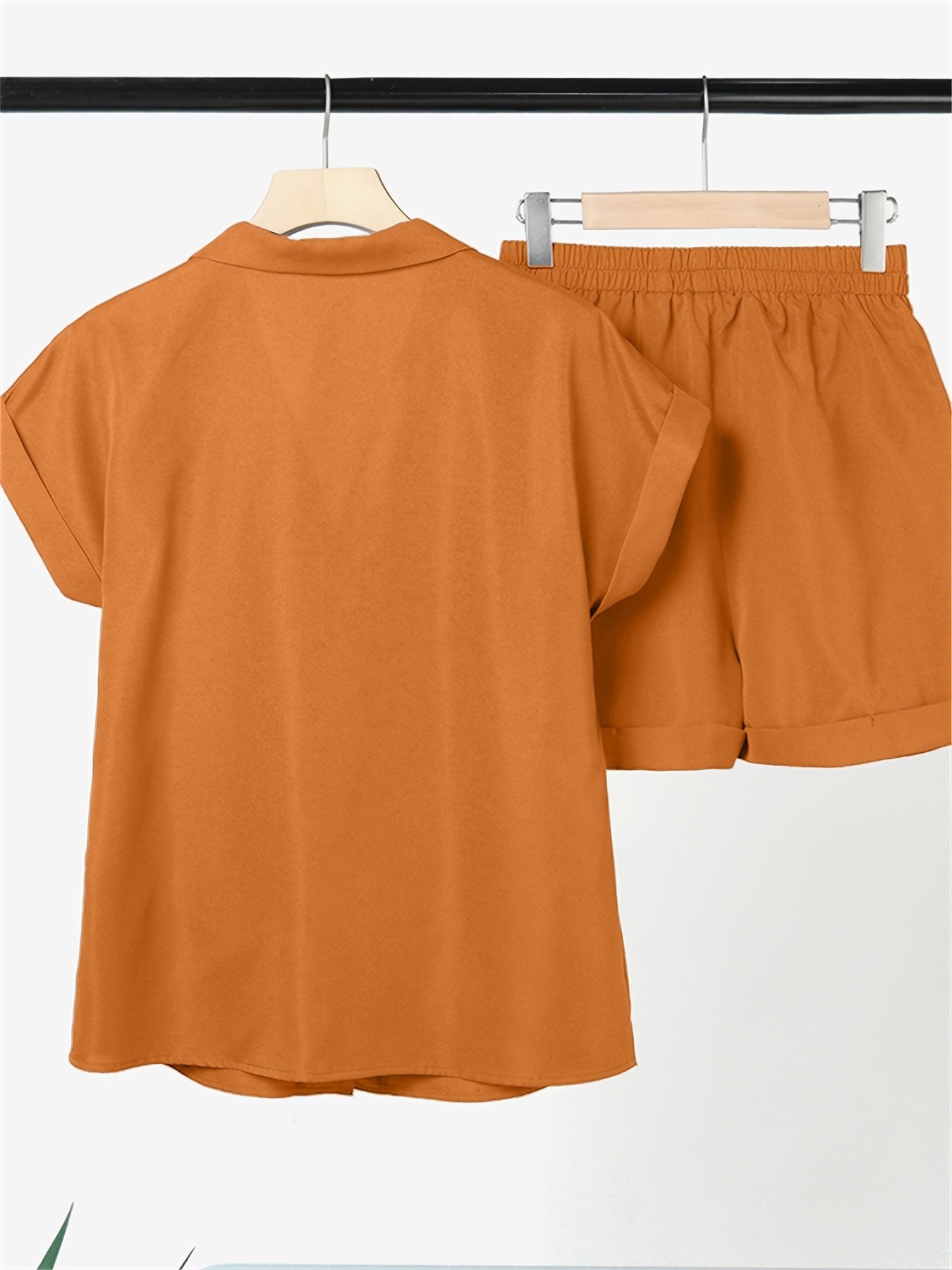 Casual Solid Two-piece Set, Open Front Lapel Neck Top & Skinny High Waist Shorts Outfits, Women??s Clothing - Image 6