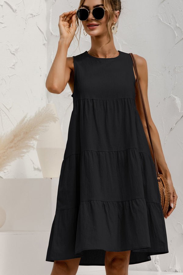 Round Neck Solid Ruched Sleeveless Mini Dress - Image 5