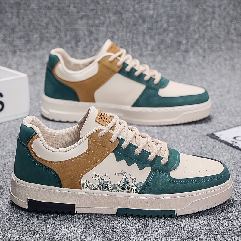 Men??s Trendy Street Style Wave Pattern Low Top Skateboard Shoes, Comfy Non Slip Lace Up Sneakers For Men??s Outdoor Activities