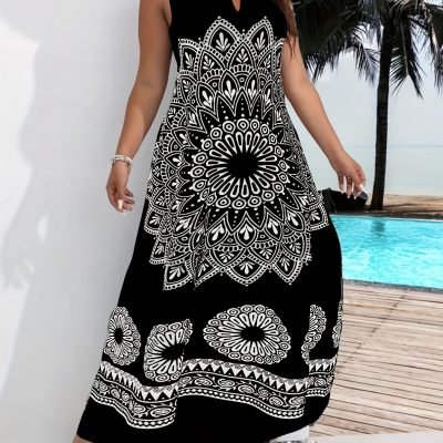 Mandala Floral Print Maxi Dress, Elegant Notched Neck Sleeveless Dress, Women??s Clothing