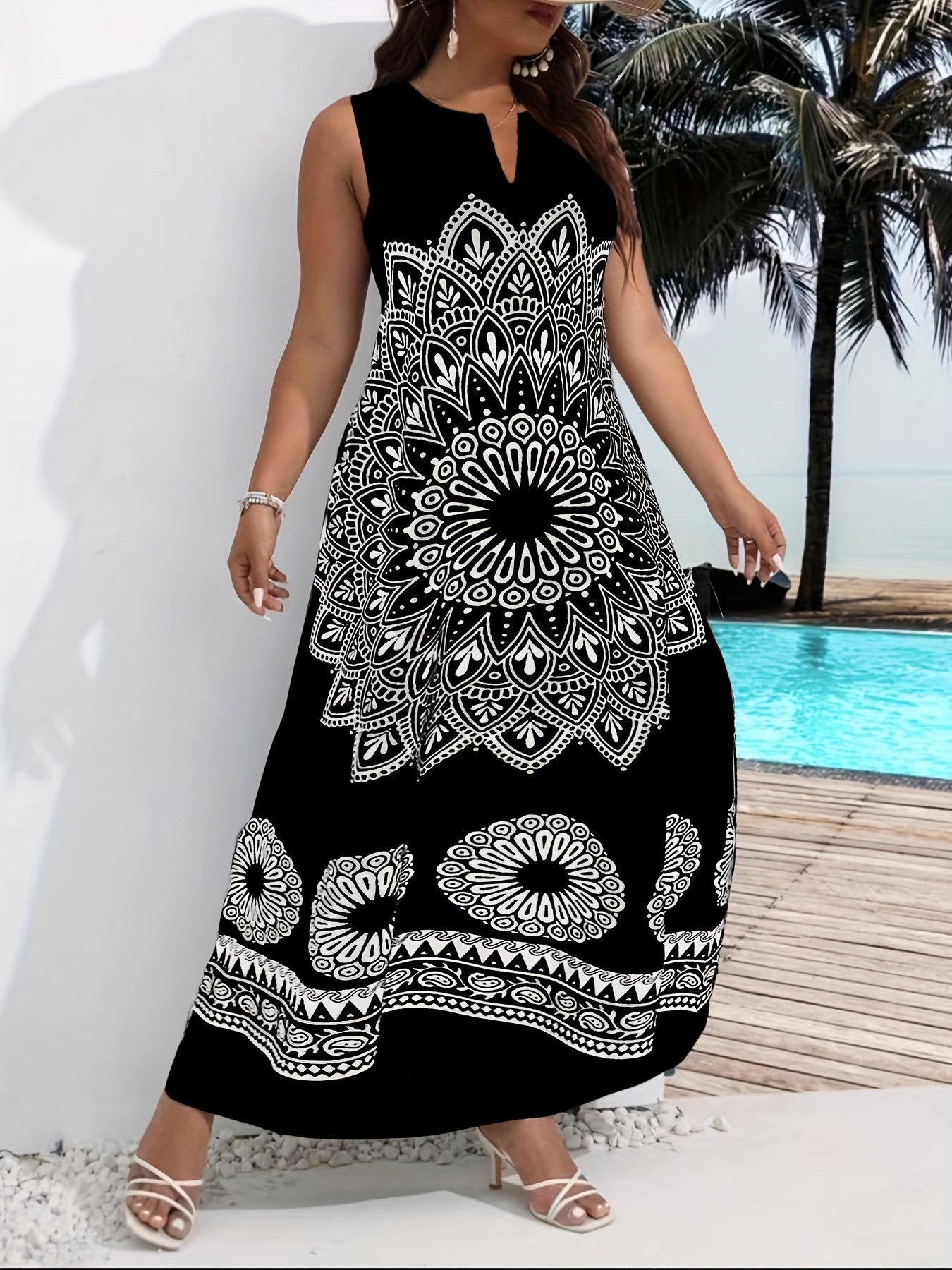 Mandala Floral Print Maxi Dress, Elegant Notched Neck Sleeveless Dress, Women??s Clothing
