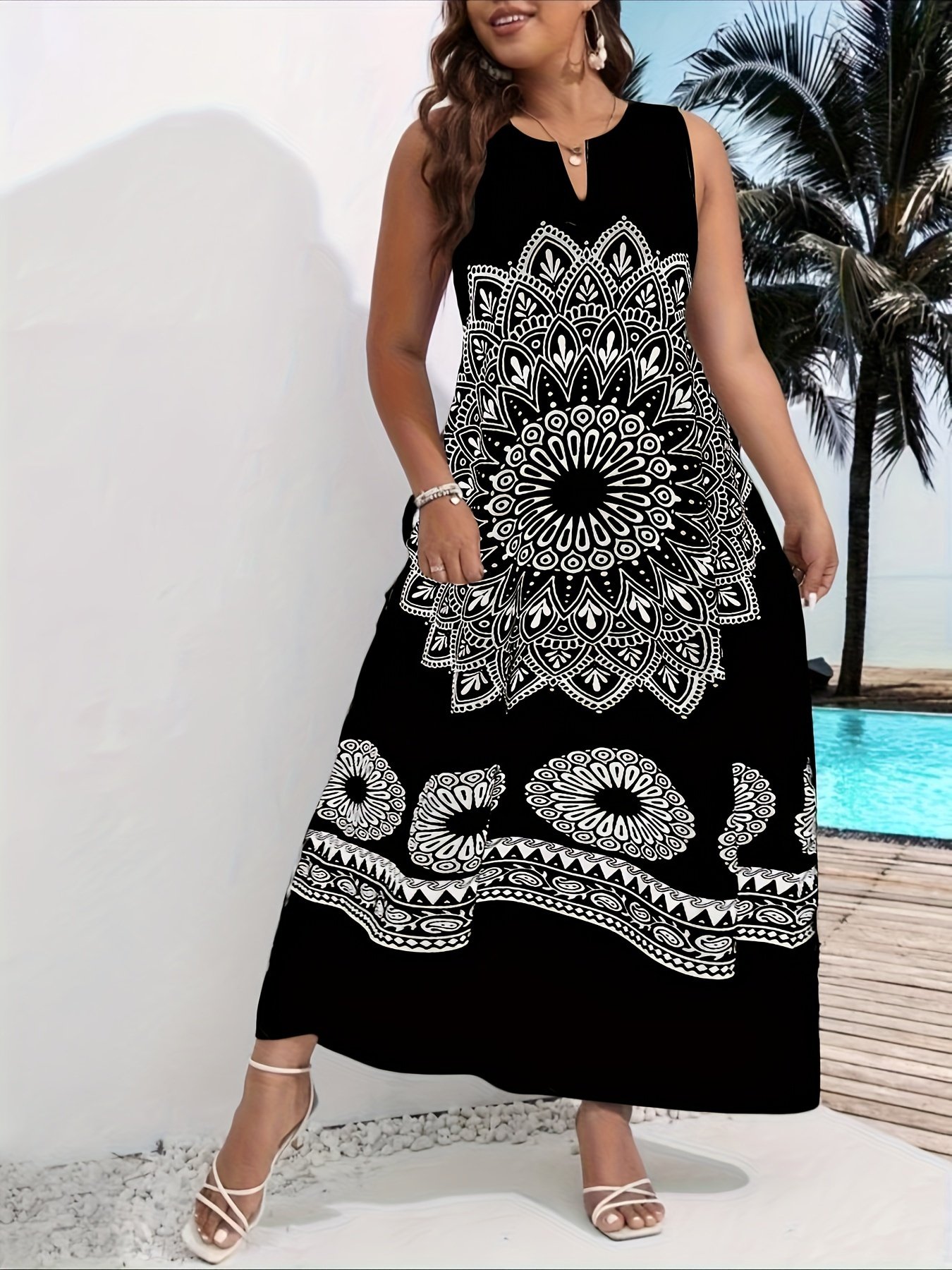 Mandala Floral Print Maxi Dress, Elegant Notched Neck Sleeveless Dress, Women??s Clothing - Image 6