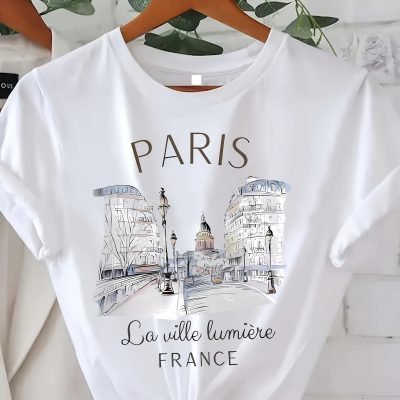 Paris Print T-shirt, Short Sleeve Crew Neck Casual Top For Summer & Spring, Women??s Clothing