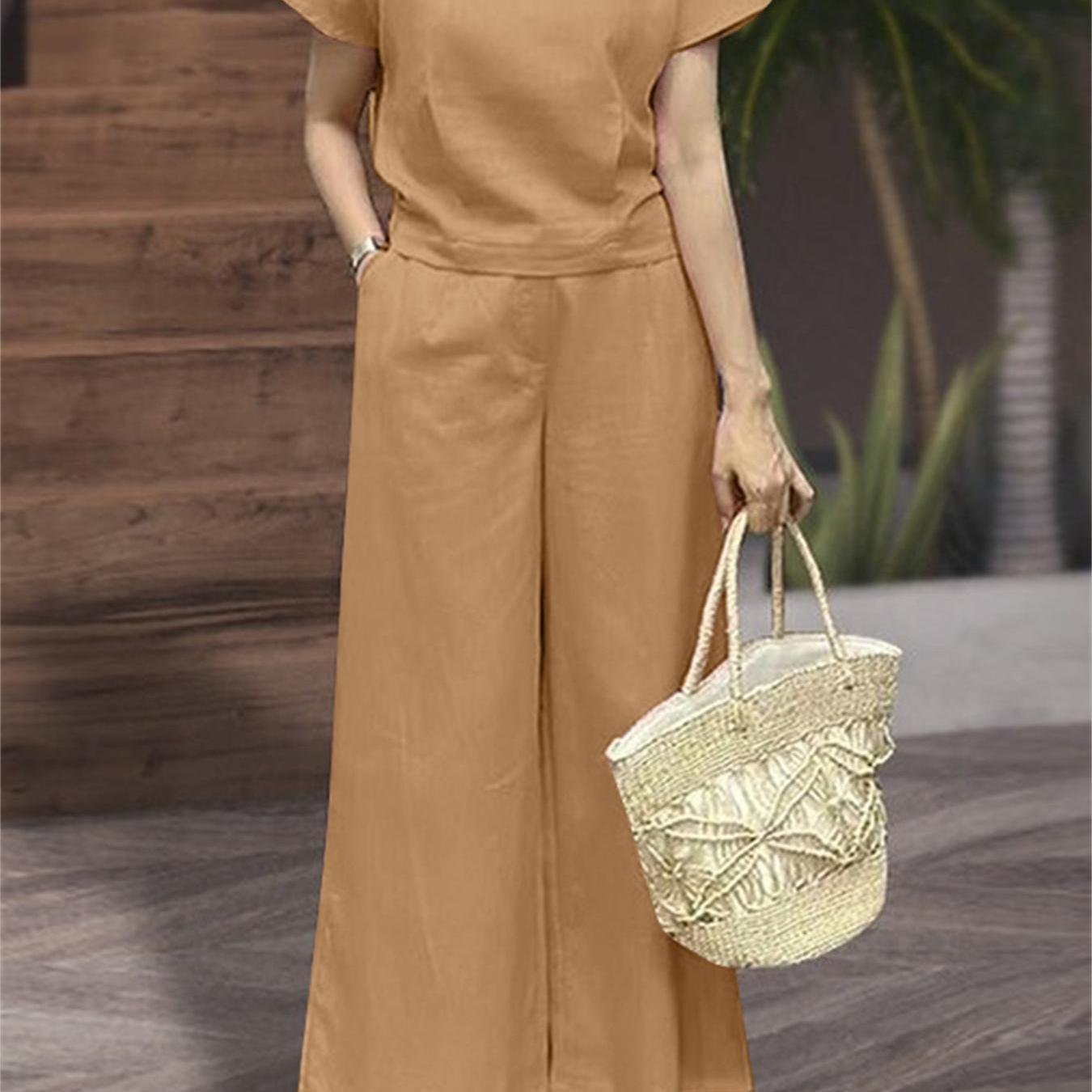 Loose Solid Color Two-piece, Crew Neck Short Sleeve T-shirt & Dual Pocket Pants Outfits, Women??s Clothing - Image 2
