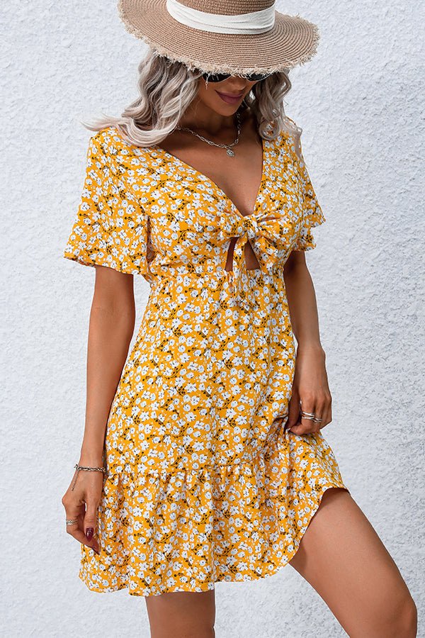 V Neck Floral Print Ruffle Hem Dress - Image 3